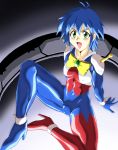  1girl abs allenby_beardsley blue_bodysuit blue_hair blush bodysuit bow breasts cameltoe commentary_request fugakuhyakkei g_gundam gloves green_eyes gundam highres looking_at_viewer mobile_trace_suit multicolored multicolored_bodysuit multicolored_clothes open_mouth red_bodysuit short_hair skin_tight smile solo 