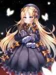  1girl abigail_williams_(fate/grand_order) absurdres bangs black_background black_bow black_dress blonde_hair blue_eyes blush bow bug butterfly dress fate/grand_order fate_(series) forehead gradient gradient_background hair_bow highres insect long_hair long_sleeves looking_at_viewer mi_yeon orange_bow parted_bangs polka_dot polka_dot_bow sleeves_past_fingers sleeves_past_wrists sparkle stuffed_animal stuffed_toy teddy_bear white_bloomers 