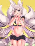  2018 akagi_(azur_lane) animal_humanoid anime azur_lane big_breasts black_clothing black_panties black_underwear blush bottomwear breasts canid canid_humanoid canine canine_humanoid choker cleavage clothed clothing digital_media_(artwork) eye_patch eyewear female fingers fox_humanoid fur garter_straps glistening glistening_skin grey_fur hair half-closed_eyes hi_res humanoid jewelry long_hair looking_at_viewer mammal mammal_humanoid mr-poritan multi_tail navel necklace open_mouth panties portrait shorts silver_hair simple_background skindentation smile solo three-quarter_portrait tongue underwear white_fur white_hair white_skin yellow_eyes 