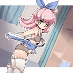  1girl breasts dutch_angle green_eyes hair_ribbon indoors long_hair looking_at_viewer medium_breasts nemui_(nemui) palffy_(sennen_sensou_aigis) pink_hair ribbon sennen_sensou_aigis solo standing thighhighs undressing white_legwear 