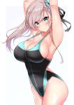  1girl armpits arms_up asymmetrical_hair bangs bare_shoulders black_ribbon black_swimsuit blue_eyes blush border breasts bun_cover cleavage closed_mouth collarbone eyebrows_visible_through_hair fate/grand_order fate_(series) grey_background hair_ribbon highleg highleg_swimsuit highres large_breasts long_hair looking_at_viewer miyamoto_musashi_(fate/grand_order) miyamoto_musashi_(swimsuit_berserker)_(fate) one-piece_swimsuit pink_hair ribbon sankakusui shiny shiny_hair side_bun smile solo swept_bangs swimsuit white_border 