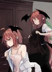  2girls :/ :o ahoge alternate_hair_length alternate_hairstyle bat_wings breasts bright_pupils cabinet camisole cleavage closed_eyes dressing dual_persona expressionless futatsuki_eru head_wings holding_clothes koakuma long_hair long_sleeves low_wings medium_breasts multiple_girls necktie plant pointy_ears red_eyes red_hair red_neckwear short_hair short_sleeves skirt skirt_set touhou unbuttoned unbuttoned_shirt very_long_hair vest white_pupils wings 