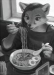  anthro black_and_white canid canine chopsticks clothed clothing detailed_background female food fox fur hair holding_object mammal monochrome noodles open_mouth ramen sitting terry_grimm 
