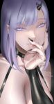  1girl black_nails breasts cleavage colored_eyelashes detached_sleeves elliot_(zkstxxx) hand_on_own_face highres horns large_breasts lips looking_at_viewer medium_hair nail_polish original purple_eyes purple_hair solo upper_body zkstxxx 