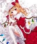  1girl bangs blonde_hair blush expressionless eyebrows_visible_through_hair fetal_position flandre_scarlet flower hat hat_ribbon head_tilt head_wreath lace lace_legwear looking_at_viewer lying mob_cap on_side petals petticoat puffy_short_sleeves puffy_sleeves red_eyes red_footwear red_nails red_skirt red_vest ribbon sakipsakip shirt short_hair short_sleeves side_ponytail skirt solo thighhighs touhou twitter_username vest white_background white_headwear white_legwear white_shirt wrist_cuffs wrist_ribbon 
