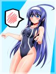  1girl ahoge black_swimsuit blue_background blue_eyes blue_hair breasts commentary_request competition_swimsuit cowboy_shot hairband highleg highleg_swimsuit huge_ahoge long_hair one-piece_swimsuit orie_(under_night_in-birth) small_breasts solo spoken_blush standing swimsuit two-tone_background under_night_in-birth white_background white_hairband yaeba 