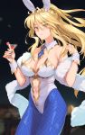  1girl absurdres animal_ears artoria_pendragon_(all) artoria_pendragon_(swimsuit_ruler)_(fate) bangs bare_shoulders blonde_hair blue_legwear blurry blurry_background blush breasts bunny_ears bunnysuit cleavage closed_mouth cocktail collarbone commentary_request crown cup detached_collar drinking_glass eyebrows_visible_through_hair fake_animal_ears fate/grand_order fate_(series) fingernails fishnet_pantyhose fishnets green_eyes hair_between_eyes hair_ornament hands_up highres holding large_breasts leotard lips long_hair maru_(maru1625) navel necktie pantyhose shiny shiny_clothes shiny_hair simple_background solo strapless strapless_leotard very_long_hair white_background wrist_cuffs 