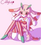  2019 anthro blush breasts clothed clothing creamy_kitty female grin hi_res legwear lurantis lying nintendo pattern_clothing pattern_legwear pok&eacute;mon pok&eacute;mon_(species) pussy shy simple_background small_breasts smile solo solo_focus striped_clothing striped_legwear stripes thigh_highs video_games 