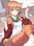  1girl ahoge animal_ears apron bangs brown_hair collarbone commentary_request eyebrows_visible_through_hair fox_ears fox_tail highres jun_(540000000000000) kitchen looking_at_viewer original plate short_hair skirt smile tail tiles tongue tongue_out white_apron 