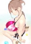  1girl ama_mitsuki arm_support ball bare_arms bare_legs bare_shoulders beachball bikini black_bikini bracelet breasts brown_eyes brown_hair cleavage commentary_request from_side halter_top halterneck high_heels jewelry long_hair looking_at_viewer looking_to_the_side medium_breasts original side-tie_bikini sidelocks sitting smile solo strap_gap swimsuit tied_hair wariza 