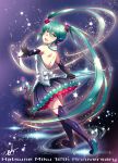  1girl aqua_eyes aqua_hair bangs black_footwear black_gloves boots caffein elbow_gloves eyebrows_visible_through_hair gloves hair_between_eyes hatsune_miku headphones high_heel_boots high_heels highres long_hair looking_at_viewer looking_back microphone open_mouth shoulder_blades solo tattoo thigh_boots thighhighs twintails very_long_hair vocaloid 