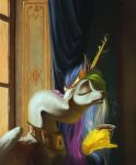  2019 bra1neater crown cup equid feathered_wings feathers female feral friendship_is_magic hi_res horn inside jewelry magic mammal my_little_pony necklace princess_celestia_(mlp) solo window winged_unicorn wings 