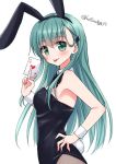  1girl :p animal_ears aqua_eyes aqua_hair bunny_ears bunny_girl bunny_tail bunnysuit card cowboy_shot fake_animal_ears from_side green_eyes hair_ornament hairclip holding holding_card hoshino_kagari kantai_collection long_hair looking_at_viewer simple_background solo suzuya_(kantai_collection) tail tongue tongue_out twitter_username white_background 