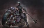  android armor axe biomega bodysuit cyberpunk cyborg energy_gun gas1 ground_vehicle helmet highres mecha mechanical_arms motor_vehicle motorcycle motorcycle_helmet on_motorcycle power_armor power_suit science_fiction weapon 