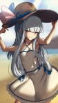  1girl absurdres at2. bare_shoulders beach dress hat highres huge_filesize long_hair red_eyes smile solo sun_hat white_dress white_hair 