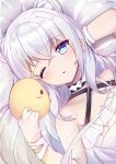  +_+ 1girl :o azur_lane bangs bare_shoulders bed_sheet blue_eyes breasts chinese_commentary choker cleavage collarbone commentary_request criss-cross_halter double_bun eyebrows_visible_through_hair halterneck hand_behind_head kuaua le_malin_(azur_lane) le_malin_(the_knight&#039;s_true_nature)_(azur_lane) looking_at_viewer lying manjuu_(azur_lane) on_back on_bed one_eye_closed open_mouth ribbon sidelocks silver_hair small_breasts solo stuffed_animal stuffed_toy symbol-shaped_pupils wrist_ribbon 