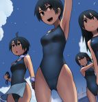 4girls ahoge black_eyes black_hair black_swimsuit blue_sky breasts building cloud commentary_request competition_swimsuit day from_below goggles goggles_removed highleg highleg_swimsuit holding_goggles kuronami_(lvi) long_hair lvi matching_outfit multiple_girls one-piece_swimsuit one-piece_tan original outdoors short_hair side_ponytail sky small_breasts swim_cap swim_cap_removed swimsuit tan tanline 