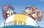  3girls blonde_hair blue_hair blue_sky braid cloud_hair_ornament commandant_teste_(kantai_collection) commentary_request covering_mouth dated day gradient_sky hamu_koutarou highres inflatable_raft jun&#039;you_(kantai_collection) kantai_collection light_brown_hair long_hair minegumo_(kantai_collection) multicolored_hair multiple_girls outdoors ponytail purple_hair red_eyes red_hair shaded_face sky spiked_hair streaked_hair twin_braids upper_body wavy_hair 