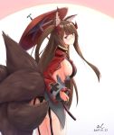  1girl amagi_(azur_lane) animal_ears azur_lane bangs blunt_bangs blush breasts brown_hair commentary cosplay embarrassed fox_ears highres iron_cross kitsune large_breasts mole mole_on_breast oriental_umbrella paintbrush prinz_eugen_(azur_lane) prinz_eugen_(azur_lane)_(cosplay) purple_eyes s.claw solo thick_eyebrows thigh_strap two_side_up umbrella 
