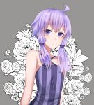 1girl bangs bare_shoulders collarbone commentary_request eyebrows_visible_through_hair flat_chest floral_background floral_print flower grey_background hair_ornament kakan_(amka) long_hair looking_at_viewer purple_eyes purple_hair short_hair_with_long_locks solo twintails vocaloid yuzuki_yukari 