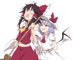  2girls :d arm_behind_back ascot bangs bare_shoulders bat_wings black_hair blue_hair bow brooch broom commentary_request constricted_pupils cowboy_shot crop_top crop_top_overhang detached_sleeves dress fang hair_bow hair_tubes hakurei_reimu hat hat_bow holding holding_broom jewelry leon_(mikiri_hassha) long_sleeves midriff mob_cap multiple_girls navel open_mouth red_bow red_eyes red_neckwear red_skirt remilia_scarlet short_hair sidelocks simple_background skirt skirt_set smile standing tears touhou white_background white_dress white_headwear wide_sleeves wings yellow_neckwear 