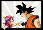  1boy 1girl :d baseball_cap black_border black_eyes black_hair blue_eyes border character_name clothes_writing commentary_request creator_connection crossover dougi dr._slump dragon_ball dragon_ball_z eye_contact fenyon fist_bump glasses grin hat highres long_hair looking_at_another muscle norimaki_arale open_mouth outside_border overalls profile purple_hair red_shirt shaded_face shirt short_sleeves smile son_gokuu spiked_hair teeth tongue twitter_username upper_body winged_hat wristband 