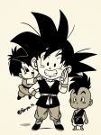  1girl 2boys :d :o arms_at_sides barefoot black_eyes black_hair chibi clenched_hand clenched_teeth commentary_request dark_skin dark_skinned_male dougi dragon_ball dragon_ball_z fenyon flying full_body grandfather_and_granddaughter greyscale grin hand_on_hip hands_on_another&#039;s_shoulders looking_up mohawk monochrome multiple_boys open_mouth pan_(dragon_ball) salute shadow short_hair simple_background smile son_gokuu spiked_hair standing teeth twitter_username uub white_background wristband 