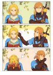  1boy 1girl adjusting_another&#039;s_hair adjusting_hair blonde_hair blue_tunic blush bob_cut book brown_hair embarrassed eorinamo highres link master_sword pointy_ears princess_zelda reading scabbard sheath sheathed sweatdrop the_legend_of_zelda the_legend_of_zelda:_breath_of_the_wild the_legend_of_zelda:_breath_of_the_wild_2 