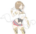  1girl ashelia_b&#039;nargin_dalmasca blue_eyes boots breasts brown_hair commentary_request cowboy_shot eyebrows_visible_through_hair final_fantasy final_fantasy_xii looking_at_viewer medium_breasts midriff navel shiosoda short_hair simple_background solo square_enix thigh_boots thighhighs white_background 