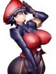  1girl black_gloves blue_eyes blue_hair breasts cameltoe character_request commentary_request covered_navel covered_nipples curvy fumio_(rsqkr) gloves hat highres large_breasts mole mole_under_eye parted_lips pokemon pokemon_ranger short_hair solo wide_hips 
