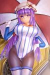  1girl ass_visible_through_thighs boots breasts commentary_request crescent crescent_moon_pin gloves hair_ribbon hand_on_hip hat highres large_breasts leotard long_sleeves mob_cap pantyhose patchouli_knowledge purple_eyes purple_hair race_queen ribbon shounen_(hogehoge) solo striped_leotard thigh_boots thigh_gap thighhighs touhou umbrella 