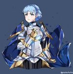  1girl armor blue_background blue_hair braid brown_eyes cape crown_braid fire_emblem fire_emblem:_three_houses graysheartart marianne_von_edmund parted_lips simple_background solo twitter_username upper_body 