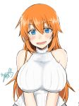  1girl absurdres blue_eyes blush breasts charlotte_e_yeager emirio_(user_wmup5874) highres large_breasts long_hair orange_hair smile strike_witches sweater teeth world_witches_series 