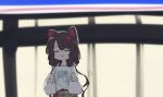  1girl :3 animal_ears bag bangs bare_shoulders blurry blurry_background brown_hair brown_skirt chibi closed_eyes closed_mouth collarbone commentary_request depth_of_field dog_ears eyebrows_visible_through_hair flower hair_flower hair_ornament holding holding_bag inui_toko long_hair low_twintails natsuki_teru night nijisanji off-shoulder_shirt off_shoulder outdoors plastic_bag pleated_skirt red_flower shirt shopping_bag skirt solo twintails very_long_hair virtual_youtuber white_shirt 