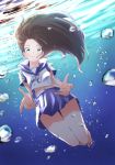  1girl absurdres barefoot blue_eyes blue_skirt brown_hair bubble highres long_hair looking_at_viewer midriff navel ocean original oze_(xyz_go_go11) school_uniform serafuku skirt solo summer thighs underwater 