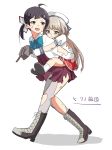  2girls :d absurdres ahoge asymmetrical_bangs bandaid bandaid_on_face bangs blue_eyes boots bow bowtie commentary_request cross-laced_footwear crying from_side fujinami_(kantai_collection) full_body gloves grey_hair grey_legwear hair_ribbon hat highres holding_turret kantai_collection kitagawa_(ktgw_116) lace-up_boots long_hair low_twintails mikura_(kantai_collection) multiple_girls open_mouth pantyhose pleated_skirt puffy_short_sleeves puffy_sleeves purple_hair red_skirt ribbon sailor_collar sailor_hat sailor_shirt school_uniform serafuku shirt short_sleeves side_ponytail skirt smile torn_clothes torn_legwear torn_shirt torn_skirt twintails walking white_gloves white_ribbon white_shirt yellow_eyes 