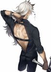 1boy backless_outfit black_pants black_shirt body_markings cropped_legs fate/grand_order fate_(series) from_behind hair_tucking jewelry long_hair male_focus pants ring shirt siegfried_(fate) simple_background solo super_cool_biz sword watch weapon white_background white_hair yukiyago 
