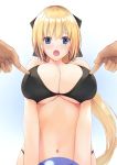  1girl :o bare_shoulders bikini black_bikini black_ribbon blonde_hair blue_eyes blush breasts cleavage hair_ribbon highres ichikawa_noa large_breasts midriff navel original poking ribbon simple_background solo_focus swimsuit white_background 