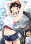  1boy 1girl :d amano_hina_(tenki_no_ko) armpits arms_up bangs bare_arms black_choker black_hair black_shorts blue_eyes blue_sky blush breasts brown_eyes building choker cloud cloudy_sky cowboy_shot day denim denim_shorts eyebrows_visible_through_hair gem hair_between_eyes highres hood hood_down hoodie light_rays long_hair looking_at_another looking_at_viewer looking_away looking_up low_twintails millipen_(medium) morisaki_hotaka navel open_mouth outdoors rain red_tank_top shirt short_sleeves shorts signature sky skyscraper sleeveless sleeveless_hoodie small_breasts smile standing stomach stretch sunlight tank_top tenki_no_ko traditional_media tree twintails water_drop white_hoodie white_shirt xtermination 