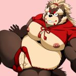  2019 anthro balls bearlovestiger13 belly black_nose bulge canid canine clothing erection fundoshi goemon_(tas) hi_res humanoid_hands japanese_clothing male mammal moobs nipples overweight overweight_male penis raccoon_dog solo tanuki tokyo_afterschool_summoners underwear video_games 