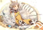  1boy 1girl animal_ears blurry blush bodysuit bokeh bubble byakko_(xenoblade) cat_ears chinchongcha curled_up depth_of_field grey_hair highres niyah sidelocks signature simple_background sleeping tiger white_background xenoblade_(series) xenoblade_2 yellow_bodysuit yellow_eyes 