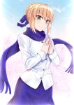 1girl absurdres ahoge artoria_pendragon_(all) blonde_hair blue_ribbon blue_scarf blue_skirt braid commentary_request fate/stay_night fate_(series) green_eyes gu_li hair_ribbon highres jacket looking_at_viewer ribbon saber scarf skirt smile solo white_jacket 
