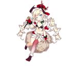  1girl alternate_costume belt bikini_top black_footwear blonde_hair blue_eyes blush boots breasts christmas coat colt_m1873_(girls_frontline) colt_saa commentary_request girls_frontline gloves gun handgun hat holding long_hair looking_at_viewer navel official_art red_coat red_gloves red_headwear revolver sack saru short_shorts shorts single_thighhigh small_breasts smile solo striped striped_legwear thighhighs transparent_background twintails weapon 