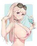  1girl areola_slip areolae bangs bikini blonde_hair blue_background blush border breasts choker cup drinking_glass ear_piercing earrings eyewear_on_head hand_in_hair highres jewelry large_breasts long_hair looking_at_viewer micro_bikini mole mole_under_eye nakamura_misaki nanae open_mouth original piercing pink_bikini pink_eyes simple_background solo sunglasses swimsuit white_border 