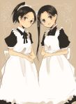  2girls :d alternate_costume apron ayanami_(kantai_collection) bangs black_hair enmaided hair_ornament hair_scrunchie kantai_collection long_hair looking_at_viewer maid maid_apron motigome0717 multiple_girls open_mouth parted_bangs pink_background ponytail scrunchie shikinami_(kantai_collection) short_hair side_ponytail smile white_scrunchie 