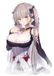  1girl azur_lane bangs bare_shoulders between_breasts black_dress blush breasts cleavage clothes_tug dress earrings eyebrows_visible_through_hair formidable_(azur_lane) frilled_dress frills grey_hair hair_ornament hair_ribbon highres jewelry large_breasts long_hair long_sleeves looking_at_viewer pnatsu red_eyes ribbon sidelocks simple_background solo twintails white_background 