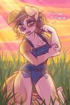  2019 absurd_res anthro breasts brown_hair canid canine canis clothing dimmi_(character) dimwitdog domestic_dog female hair hi_res mammal outside overalls solo standing text 