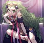  1girl braid closed_mouth fire_emblem fire_emblem:_three_houses green_eyes green_hair hair_ornament highres itou_(very_ito) long_hair manakete pointy_ears sitting solo sothis_(fire_emblem) throne tiara twin_braids 