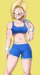  1girl abs android_18 blonde_hair blue_bra blue_eyes blue_shorts blush bra breasts cleavage collarbone crop_top dragon_ball dragon_ball_super echo_saber english_commentary highres looking_away medium_breasts midriff muscle navel short_hair shorts solo sports_bra sportswear stomach toned underwear wristband 