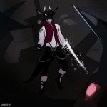  1:1 2015 abstract_background anthro biped black_bottomwear black_clothing black_ears black_pants black_scales black_tail bottomwear clothed clothing dark_theme digital_media_(artwork) digital_painting_(artwork) dirtyscoundrel dragon fully_clothed grey_eyes grey_theme hi_res horn male pants red_clothing scales solo topwear white_clothing white_horn white_topwear 
